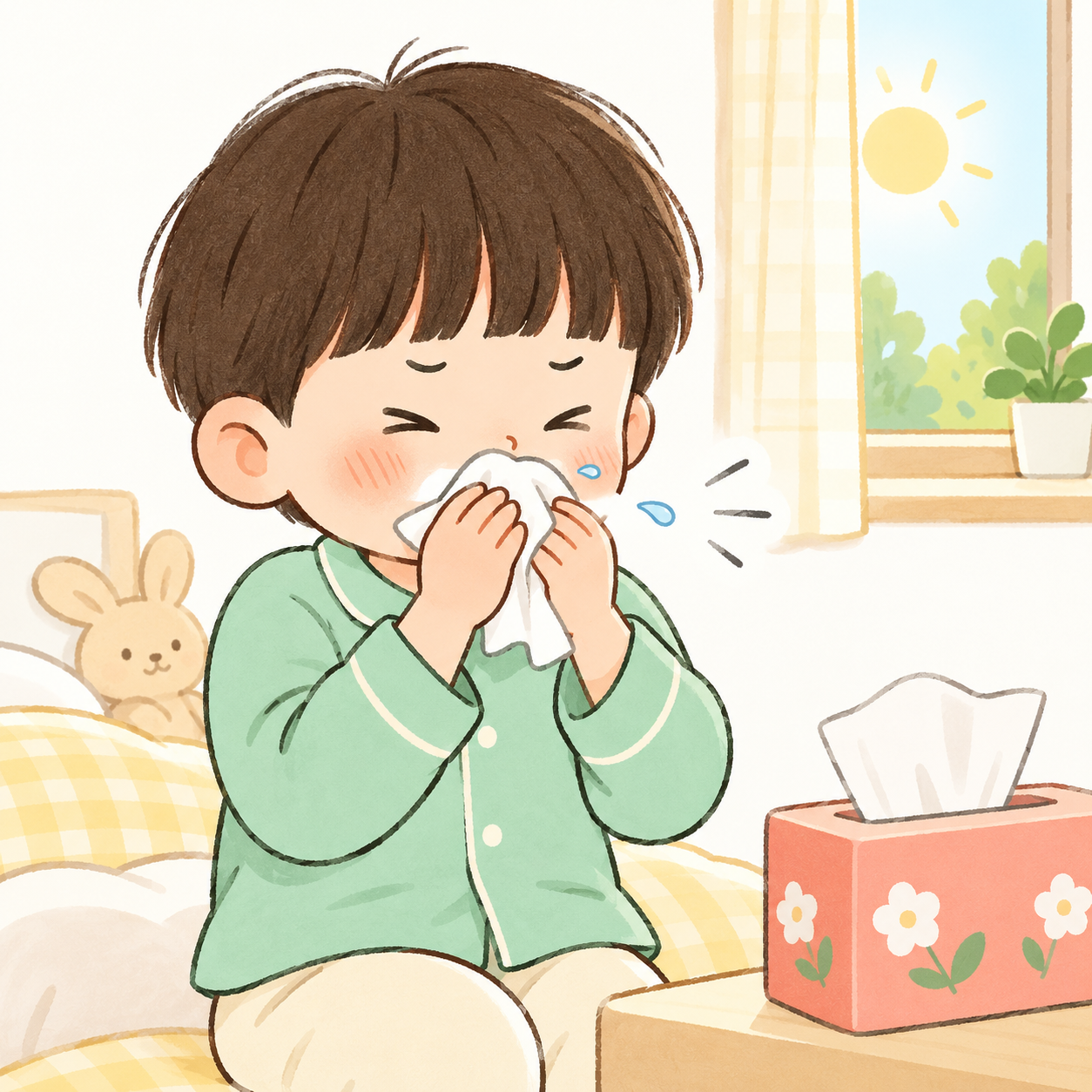 아침에 재채기하며 휴지를 든 아이의 증상 설명용 그림