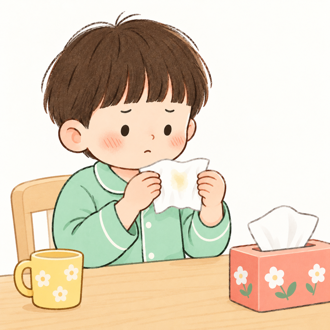 감기 후 콧물이 남아 휴지를 든 아이의 증상 설명용 그림