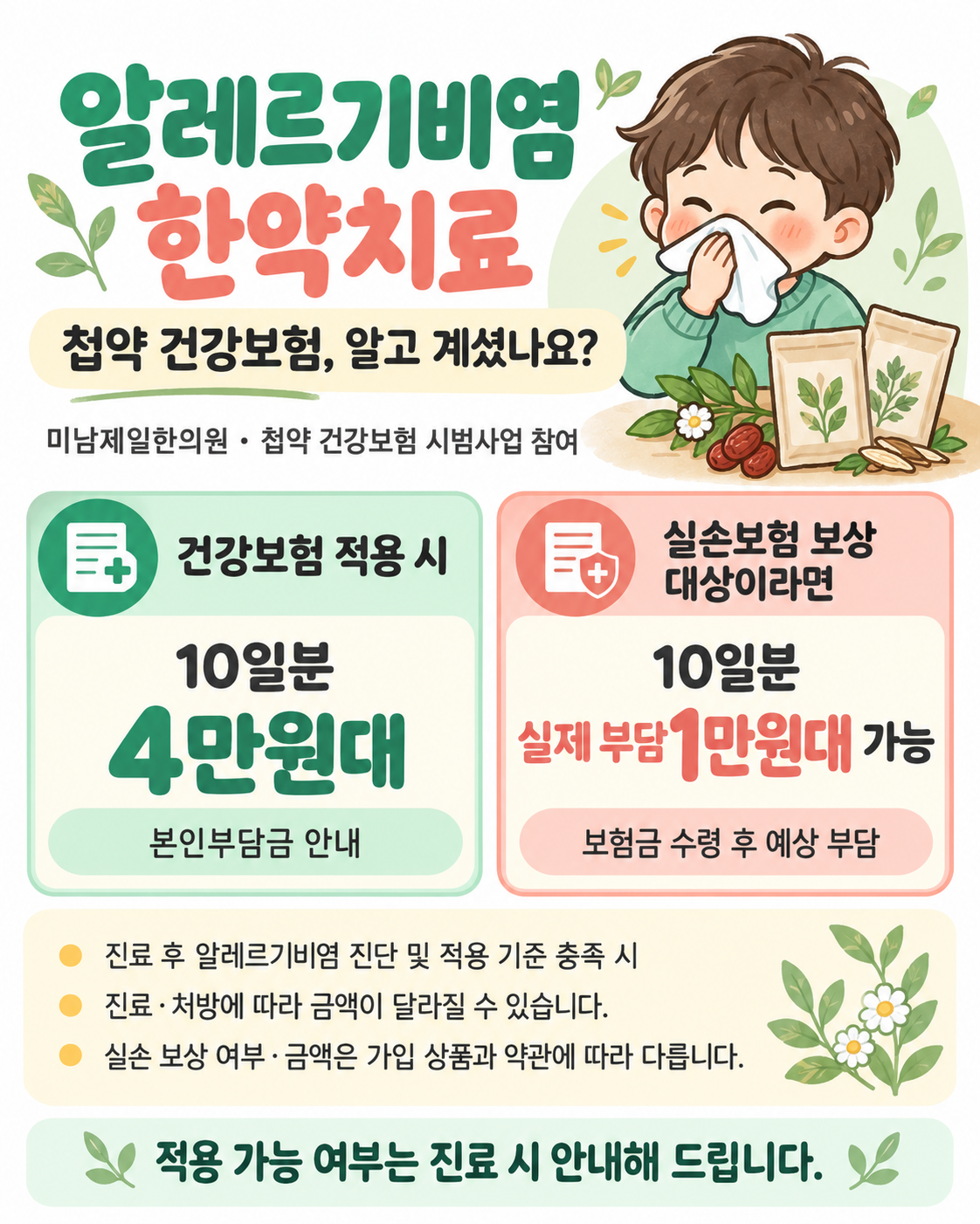 알레르기비염 첩약 건강보험 안내: 건강보험 10일분 4만원대, 실손 보상 대상은 보험금 수령 후 실제 부담 1만원대 가능, 가입 상품 및 적용 조건에 따라 다름